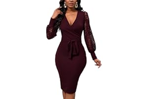 WANMEM Semi Formal Church Dresses for Women Long Lace Sleeve Sexy V Neck Bodycon Cocktail Midi Dresses