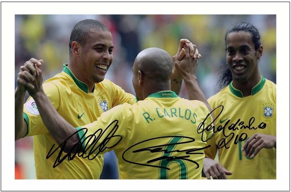 Photographs - Ronaldo, Roberto Carlos & Ronaldinho Signed 12x8 Inch Photo Print With Pre Printed Signature Brazil Soccer Autograph Gift