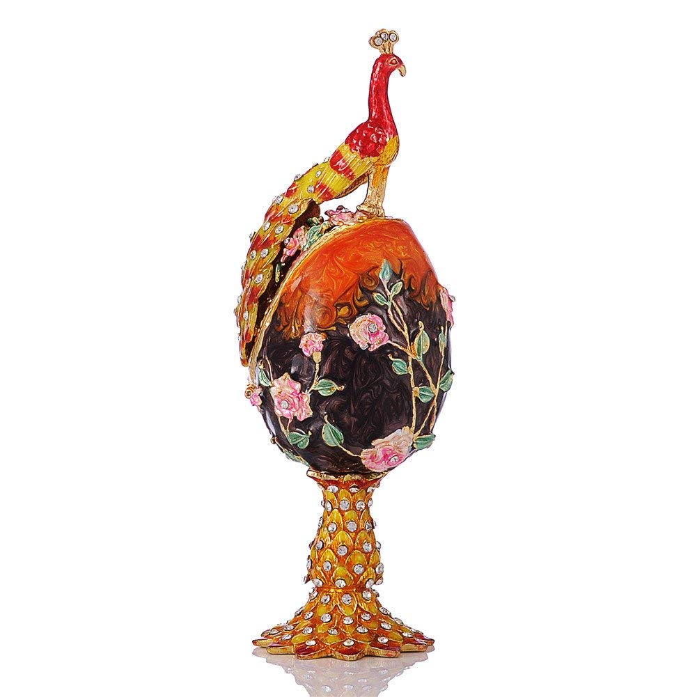 QIFU Peacock Easter Egg Style Jeweled Trinket Box Hinged, Unique Gift for Family