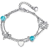 Women's Bracelet, Gold, Silver, Double Layered Bracelet, Birthstone, March, Stylish, Seashell Bracelet, Heart, Star, Shell, Blue Crystal, Mother Shells, Chain, Adjustable, Stainless Steel, Hypoallergenic, Valentine's Day, Mother's Day, Gift