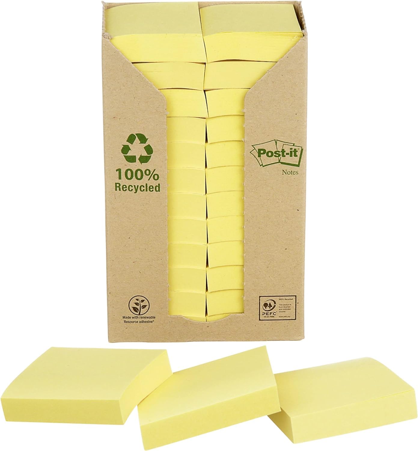 Post-it Recycling Notes Canary Yellow, Pack of 24 Pads, 100 Sheets per Pad, 38 mm x 51 mm, Yellow Color - Self-Stick Notes Made from 100% Recycled Pape