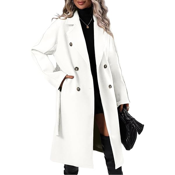 Herrnalise Womens Long Double Breasted Coats Lapel Collar Wool Blend Pea Coat Winter Slim Fit Jackets Trench Coat Outwear White,M