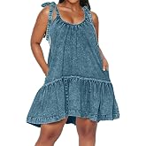 Vidifid Denim Dress for Women Tie Shoulder Sleeveless Denim Mini Dress Casual Flowy Babydoll Dress Wash Jean Dress