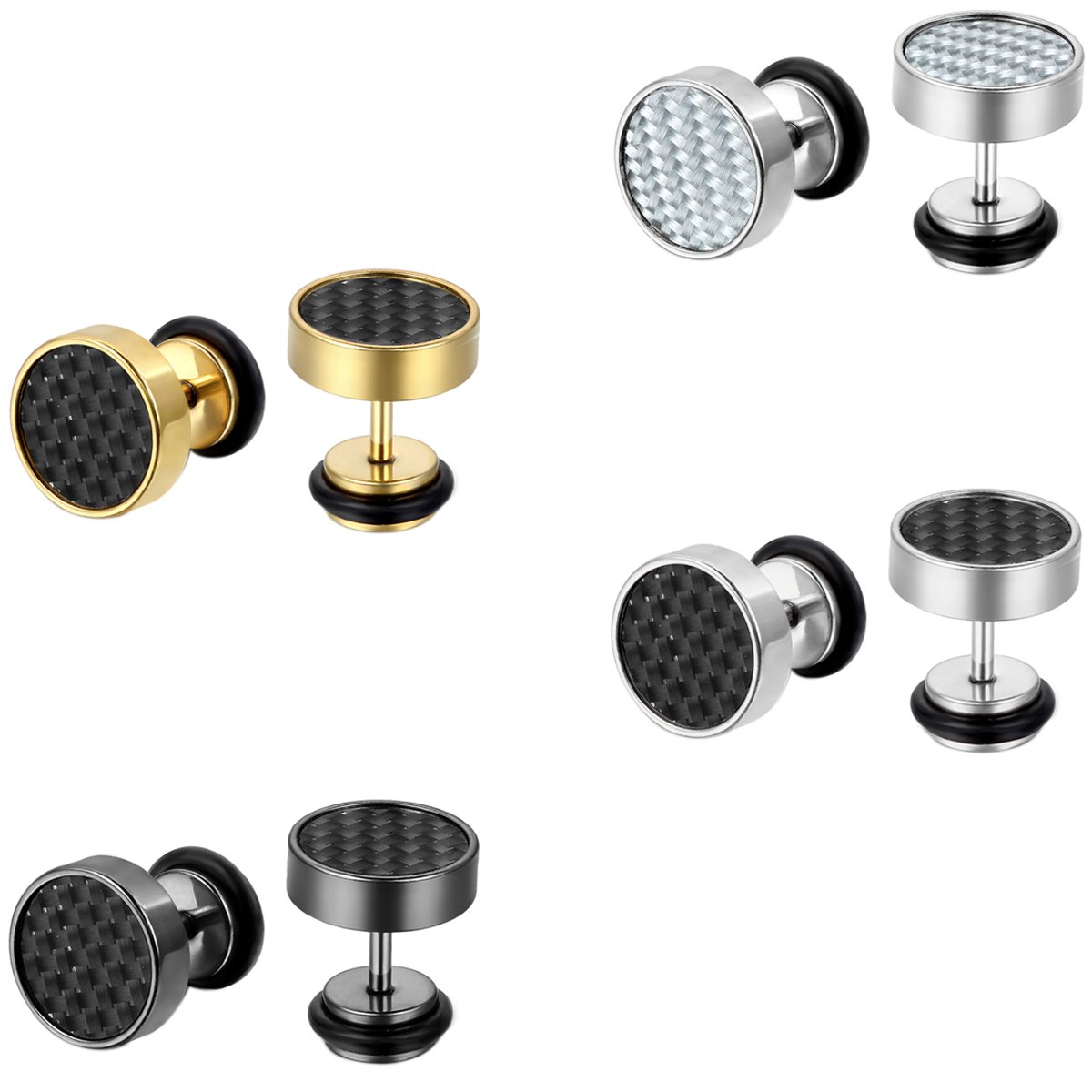 JewelryWe 4 Pairs Mens Stud Earrings Stainless Steel Illusion Tunnel Plug Screw Back with Carbon Fiber, 8pcs