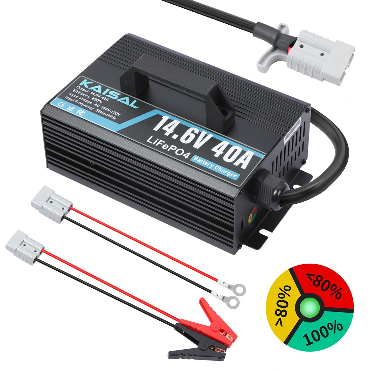 View 1 of 12V 40A Lithium Battery Charger 14.6V LiFePO4 Battery Charger for 12.8V LiFePO4 Lithium Deep Cycle Rechargeable Batteries 0V Wake Up 12 Volt Charger with 3 Connectors for RV, Boat, Car, Marine, Solar