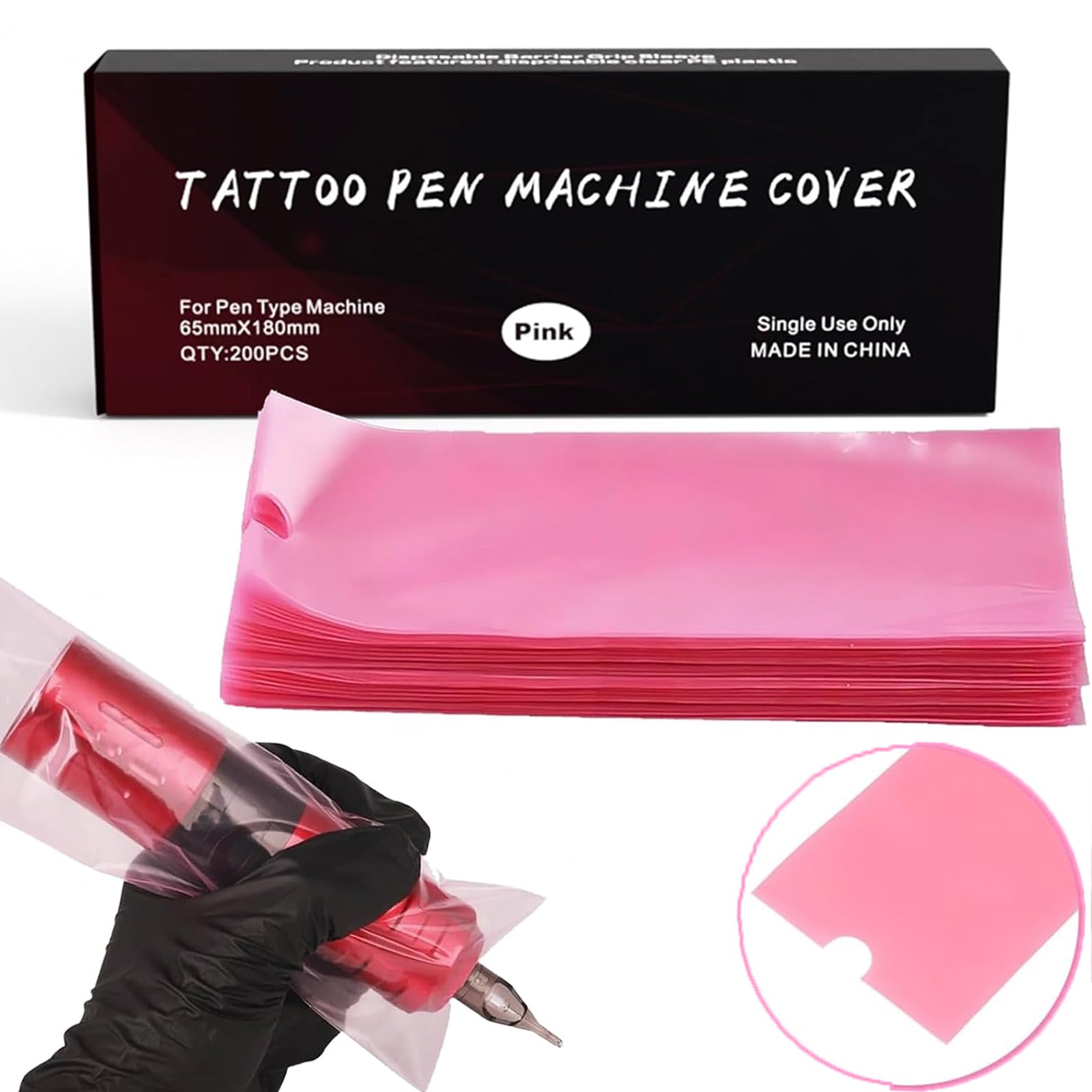 LEAYOKA 200pcs Pink Tattoo Pen Covers - 2.56 X 7.11inch Disposable Tattoo Machine Wrap Cartridge Sleeves