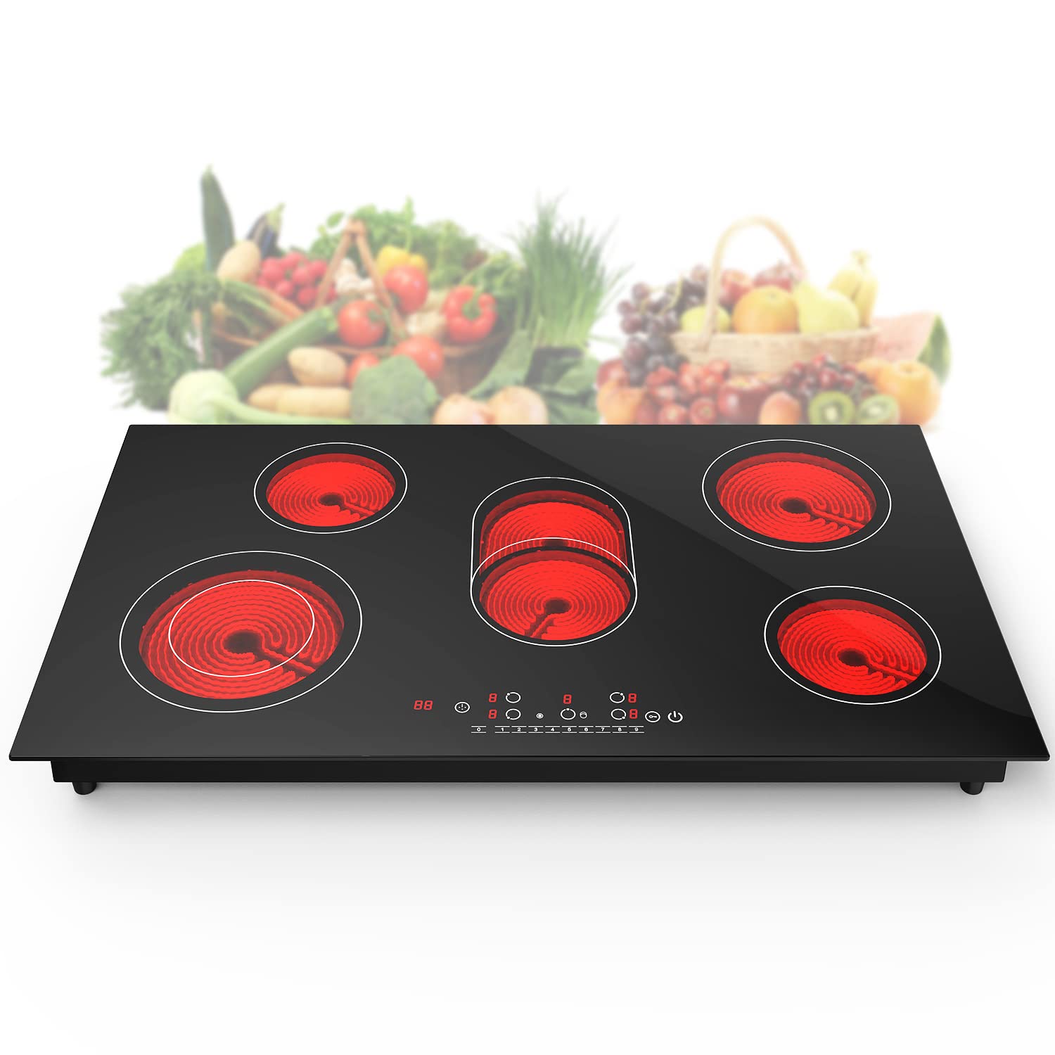 Electric Cooktop 5 Burners 36 Inch, ANHANE Built-in Electric Stove Top, 220V 8600W Electric Ceramic Cooktop, 9 Heating Levels, Timer & Kid Safety Lock, Suitable for all Cookware, Without Plug