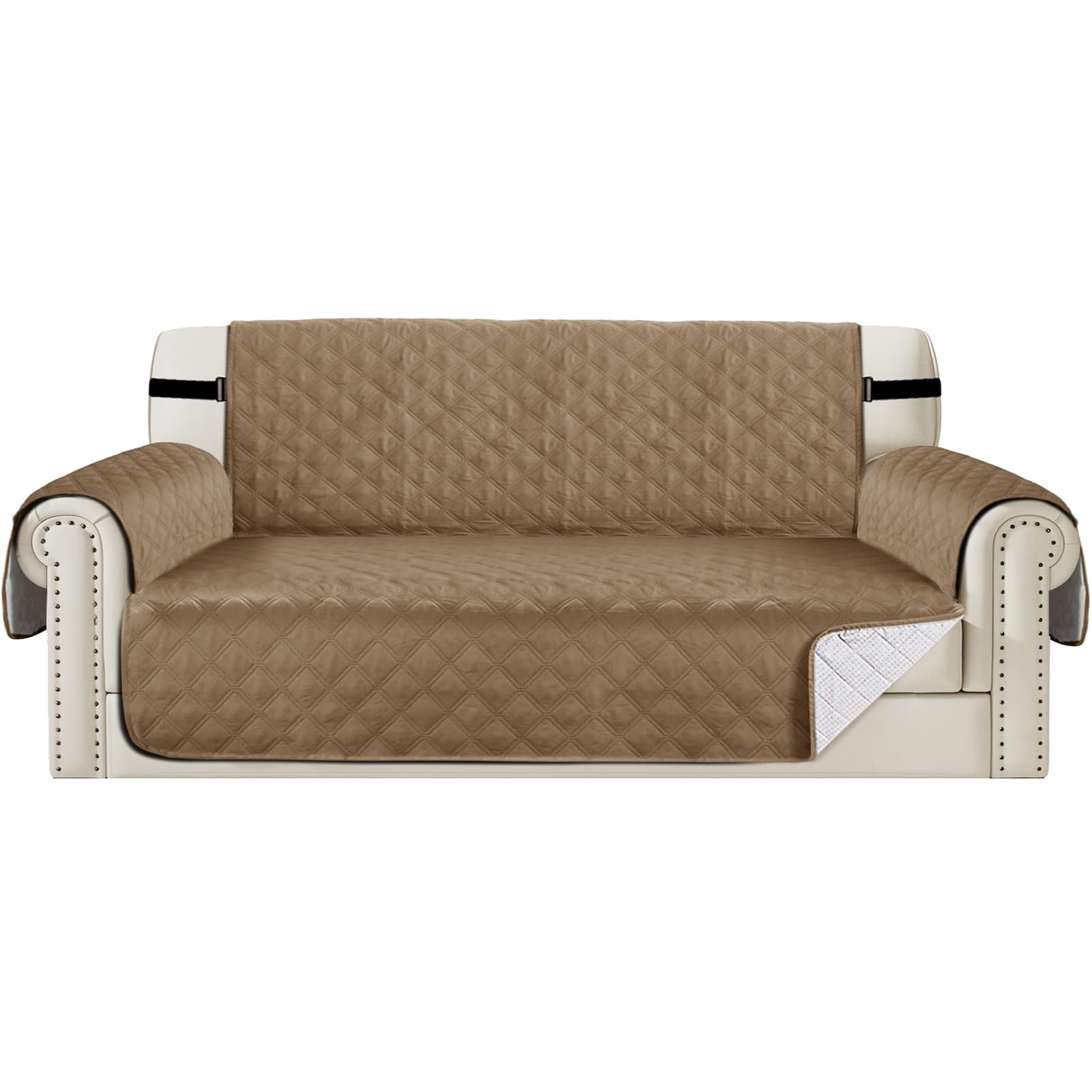 Teynewer Sofa Covers 100% Waterproof 4 Seater Sofa Slipcovers Reversible Washable Furniture Protector, Non-Slip Washable with Adjustable Elastic Straps Couch Settee Covers for Kids, Dogs, Pets, Taupe