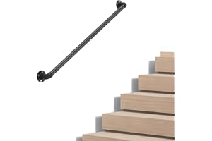 VZNEK Industrial Pipe Stair Handrail, Wall-Mounted Metal Hand Rail for Indoor & Outdoor Steps, Black Galvanized Iron, Vintage Farmhouse Style, Heavy Duty Support for Stairs & Porch (Black, 3.3ft)