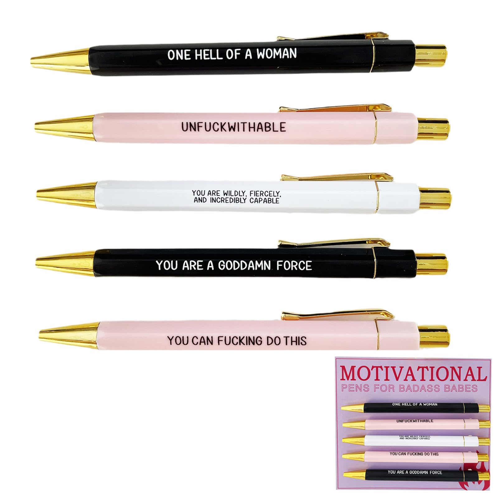 Fychuo Motivational Pens for Women 5 Pack Funny Pens for Work Colleagues Gifts Inspirational Ballpoint Pens Black Ink Rude Pen Set