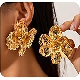 Trendy Silver Statement Earrings for Women Chunky Gold Flower Dangle Earrings Boho Big Floral Drop Earring Aesthetic Petal Jewelry Accessories