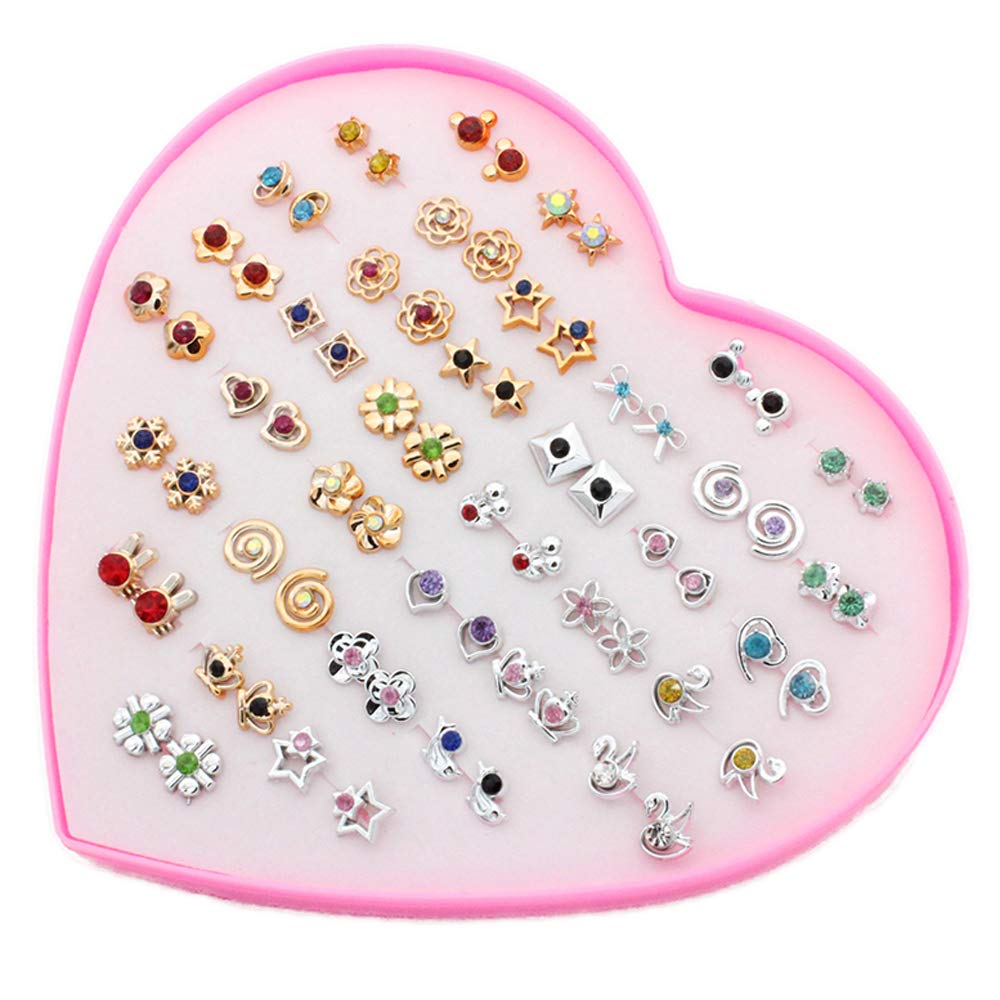 POFET 36 Pairs Stud Earrings with Heart Shape Gift Box, Hypoallergenic Earrings for Girls and Women, Colorful Ear Stud Jewelry Set, Multiple Size and Patterns PAB12259