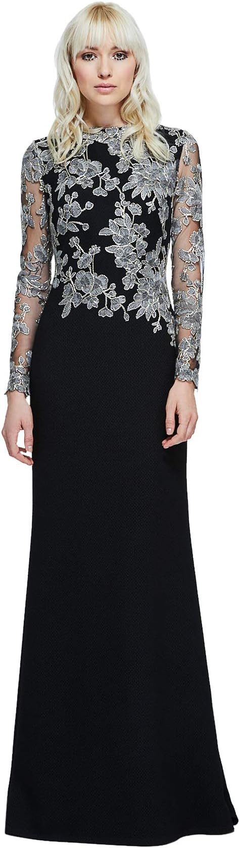 Tadashi Shoji Women's Long-Sleeve Gown in Textured Crepe with Floral Lace Bodice