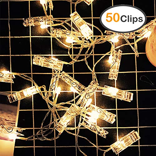 ZOUTOG Photo Clip String Lights, 50 Photo Clips 16ft/5m Battery Operated LED Clip Lights, Warm White Starry Light for Hanging Photos, Cards and Artworks