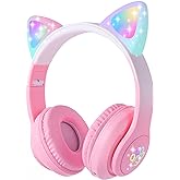 HOYJACY Cat Ear Kids Bluetooth Headphones for Girls Children Teens, LED Light Up Wireless/Wired Mode Foldable Stereo Girls Headphones with Built-in Mic for School Birthday Xmas Gift (Pink)