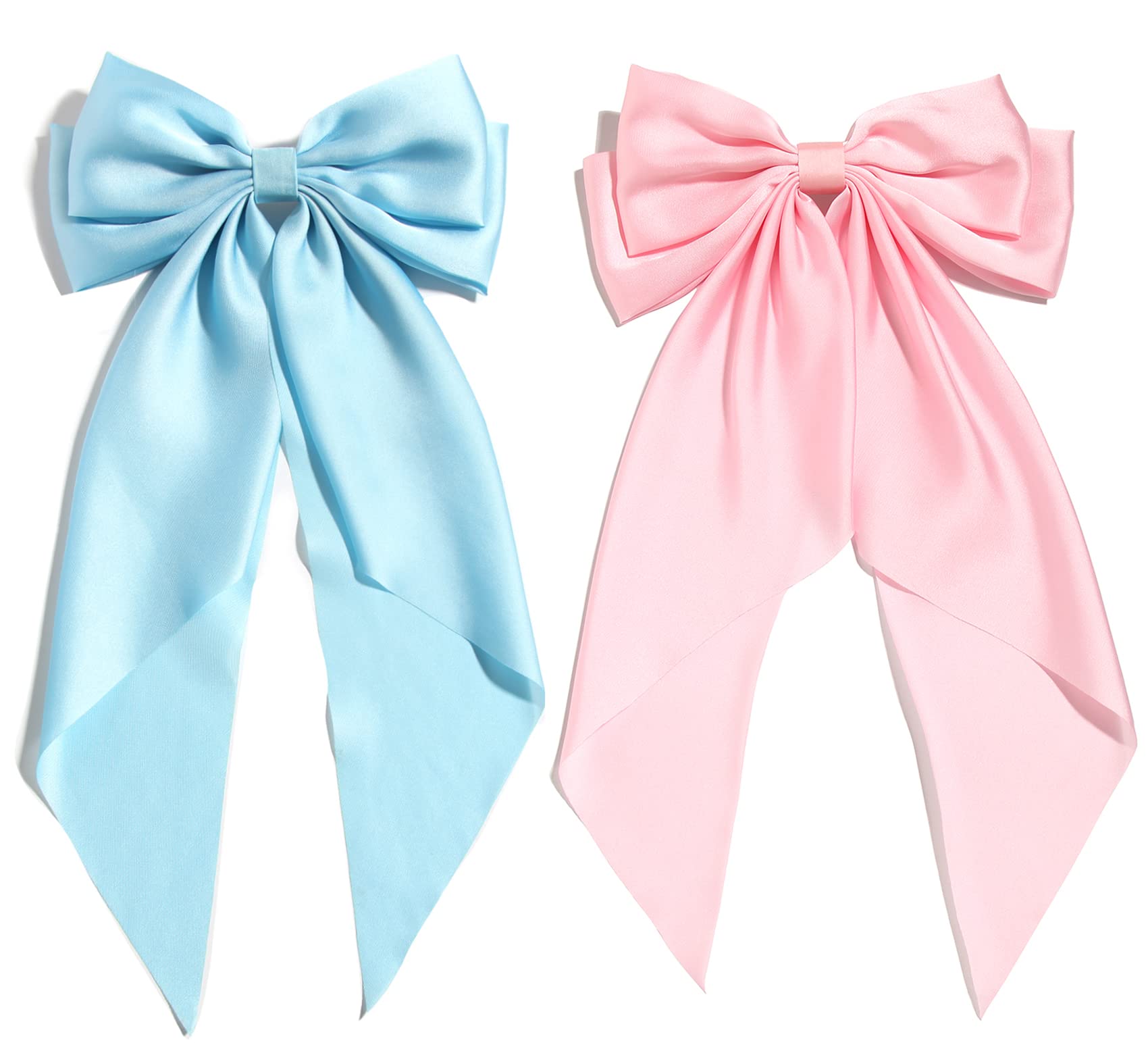 Bow Hair Clips Hair Slides Solid Color Bowknot Hairpin French Barrette with Long Silky Satin Tail Large Bows for Women Girls Hair Barrettes Scrunchies Accessories Pack of 2 (Blue & Pink)