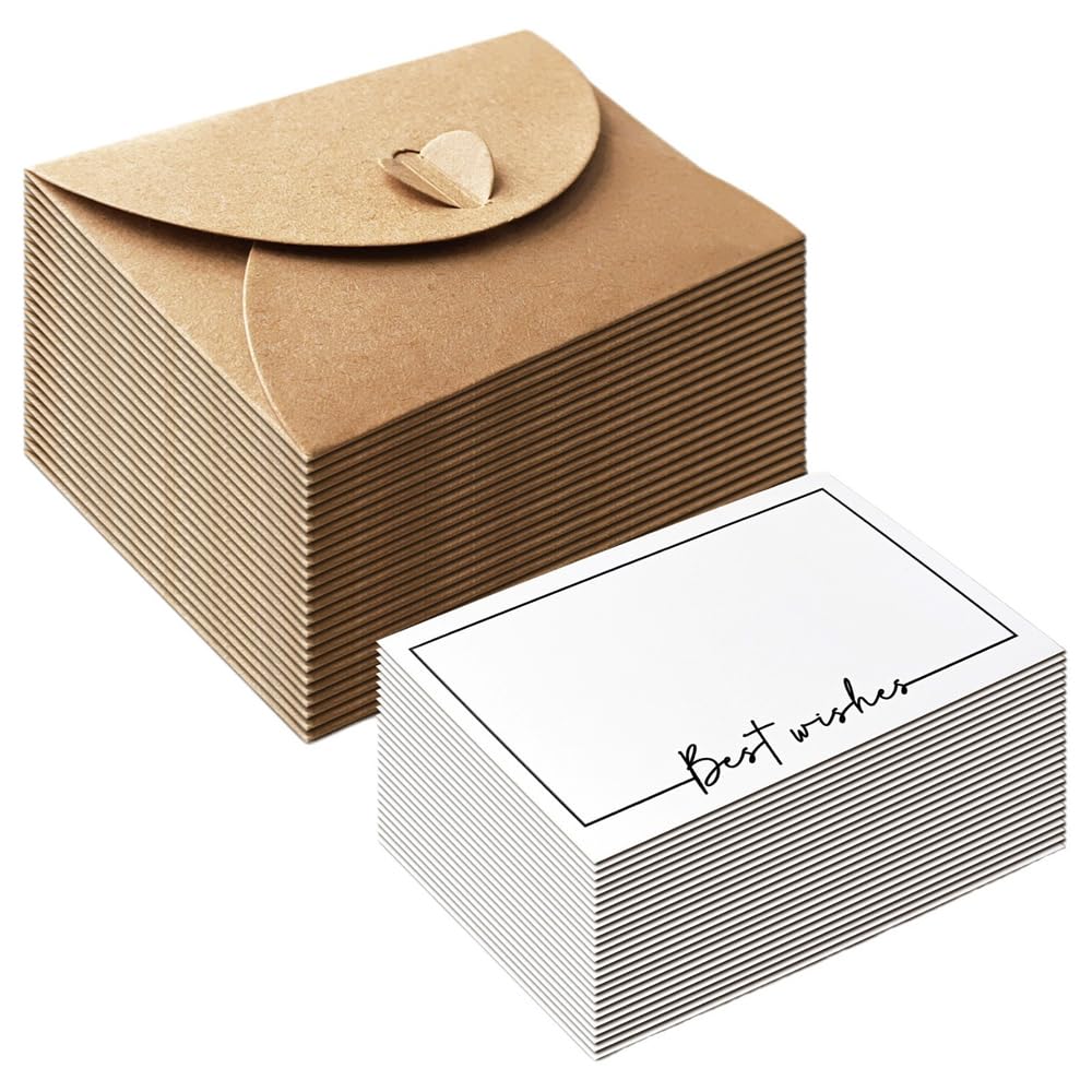 50 Mini Envelopes and 50 Blank Cards, Vintage Mini Kraft Paper Envelopes Thank You Greeting Cards Heart Closure DIY Kraft Greeting Cards Set for Wedding Christmas Invitations
