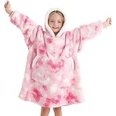 Kipswiza Wearable Blanket Hoodie for Kids 6-12 Birthday Gifts, Soft Warm Sherpa Oversize Blankets Sweatshirt for Girls Boys - Pink Tie Dye