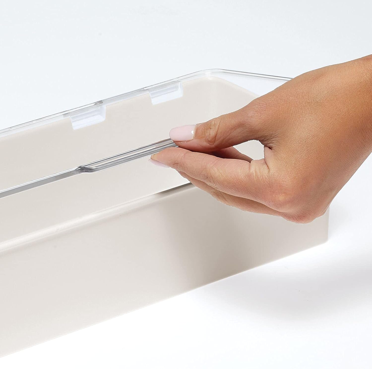 mDesign Plastic Stackable Box Home, Office Supplies Storage Organizer Box with Attached Hinged Lid - Holder for Note Pads, Gel Pens, Staples, Dry Erase Markers, Tape - 2 Pack - Cream/Clear : Office Products