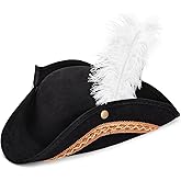 Juvale Pirate Hat Tricorn with Feather - 15 x 13 x 3.5 In, Black, Kettle Brim - Pirate Hats for Adults & Revolutionary War Reenactment