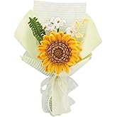 FUCAN Crochet Flowers Finished Bouquet Crocheted Cotton Thread Flowers, Handmade Crochet Rose Tulip Fern Leaf as a Gift for Lover, Friends. Artificial Flower (Yellow)
