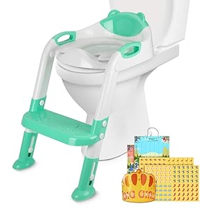 PITAYA Potty Training Seat with Step Stool Ladder,Comfortable Safe Potty Seat with Anti-Slip Pads Ladder ,Potty Training Toilet for Kids Boys Girls Toddlers,with Potty Training Champion Card(Green)