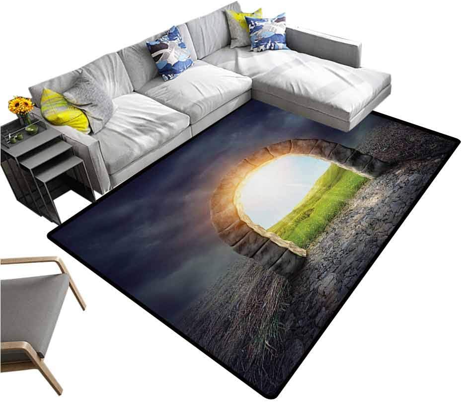Fantasy Modern Indoor Rugs Mysterious Entrance to New Life Theme with Greenland Wildflowers and Sunbeams Office Floor Mats for Carpet Green Yellow (4'7"x5'2")