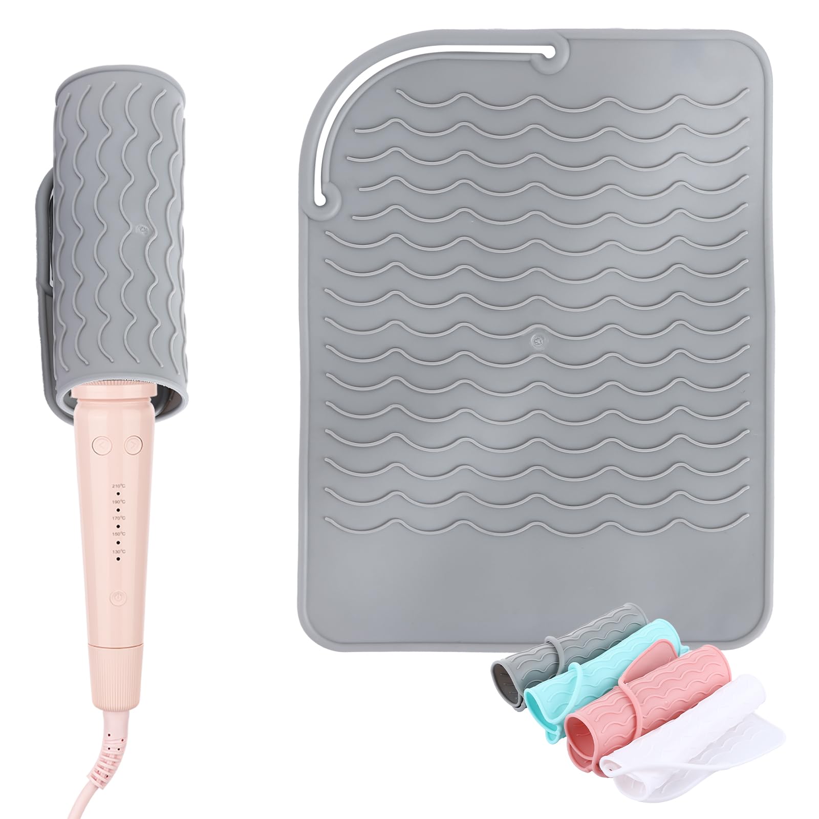 ASelected 4 Pcs Heat Mat for Hair Straighteners, 21 x 15.5 cm Heat Resistant Mat for Curling Iron, Silicone Heat Protecting Barber Mat for Hair Styling, Flat Iron (Grey, Pink, Light Green, White)