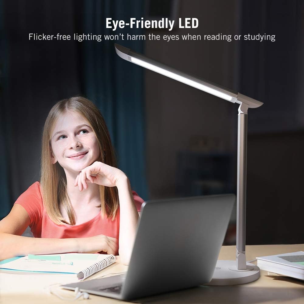 TaoTronics LED Desk Lamp, Eye-caring Table Lamps, Dimmable Office Lamp with USB Charging Port, 5 Lighting Modes with 7 Brightness Levels, Touch Control, White, 12W, Philips EnabLED Licensing Program: Home Improvement