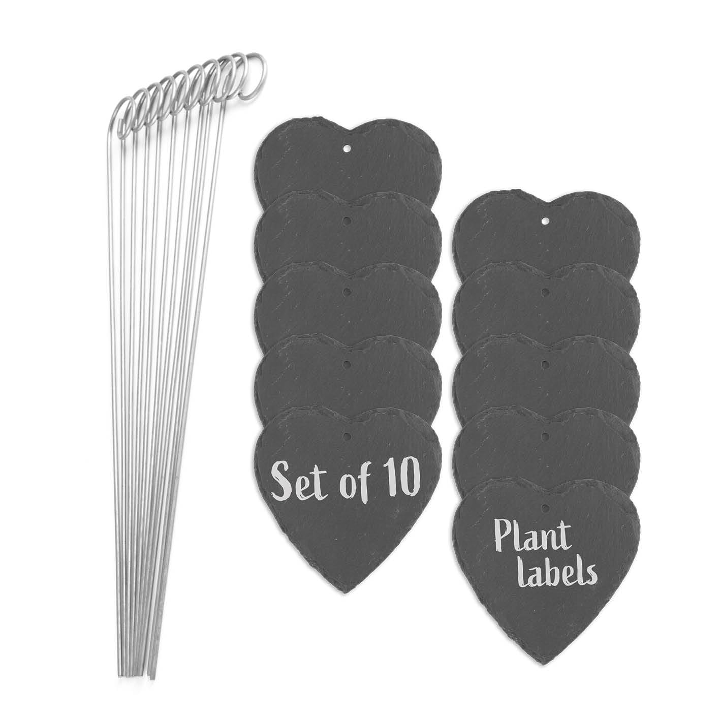 Hoberg Slate Plant Signs - Set of 10 | Weatherproof, Reusable | Individual Labelling of Plants, Herbs & Flowers | Plant Labels with Steel Ground Spikes | Measures 10 x 10 x 0.5 cm [Heart]