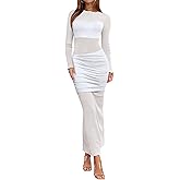 Ekaliy Women's Sexy Mesh Dress Long Sleeve Mock Neck Bodycon Sheer Ruched Maxi Dress Party Cocktail Dresses