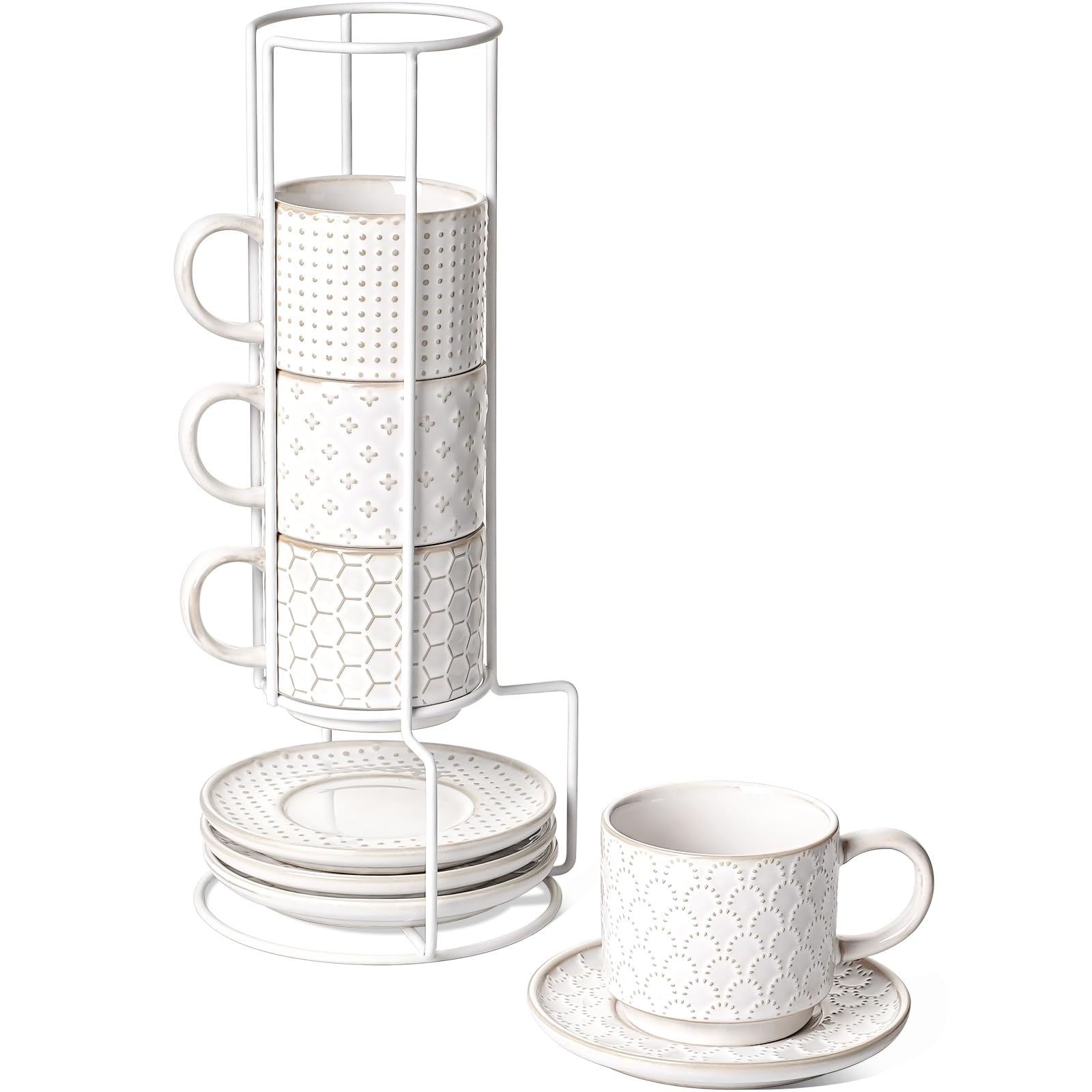 Photo 1 of LE TAUCI Stackable Cappuccino Cups 8 oz with Saucers and Stand, Ceramic Large Latte Cup for Au Lait, Cafe, Mocha,Tea, Dishwasher Oven Safe - Set of 4, Arctic white