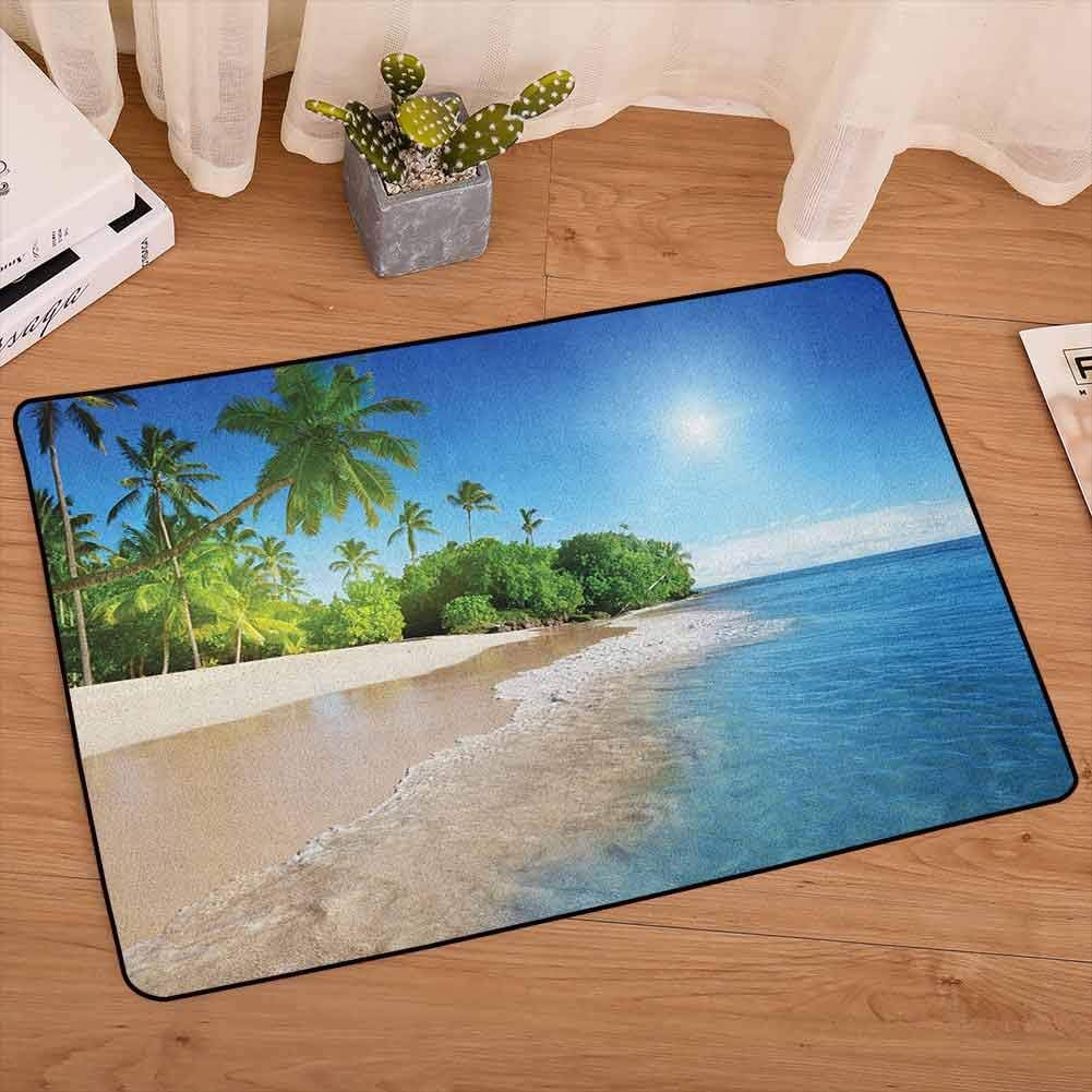 Blue Welcome Doormat Ocean Tropical Palm Trees on Sunny Island Beach Scene Panoramic View Picture Area Rug Versatility, Durable for Bedroom Floor, W15 x L23 Blue Green and White