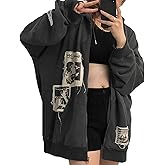 Alt Emo Clothes Women Oversized Zip Up Hoodies Rhinestone Y2k Aesthetic Skeleton Sweatshirts Grunge Gothic Jacket Streetwear
