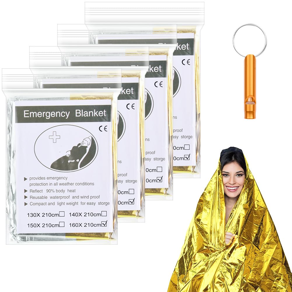 flintronic 4 Packs Emergency Foil Blanket, Windproof & Lightweight Thermal Blanket with Whistle, Portable Survival Blanket for Outdoors,Hiking,First Aid,Marathons (Silver+Gold, 160 x 210 cm)