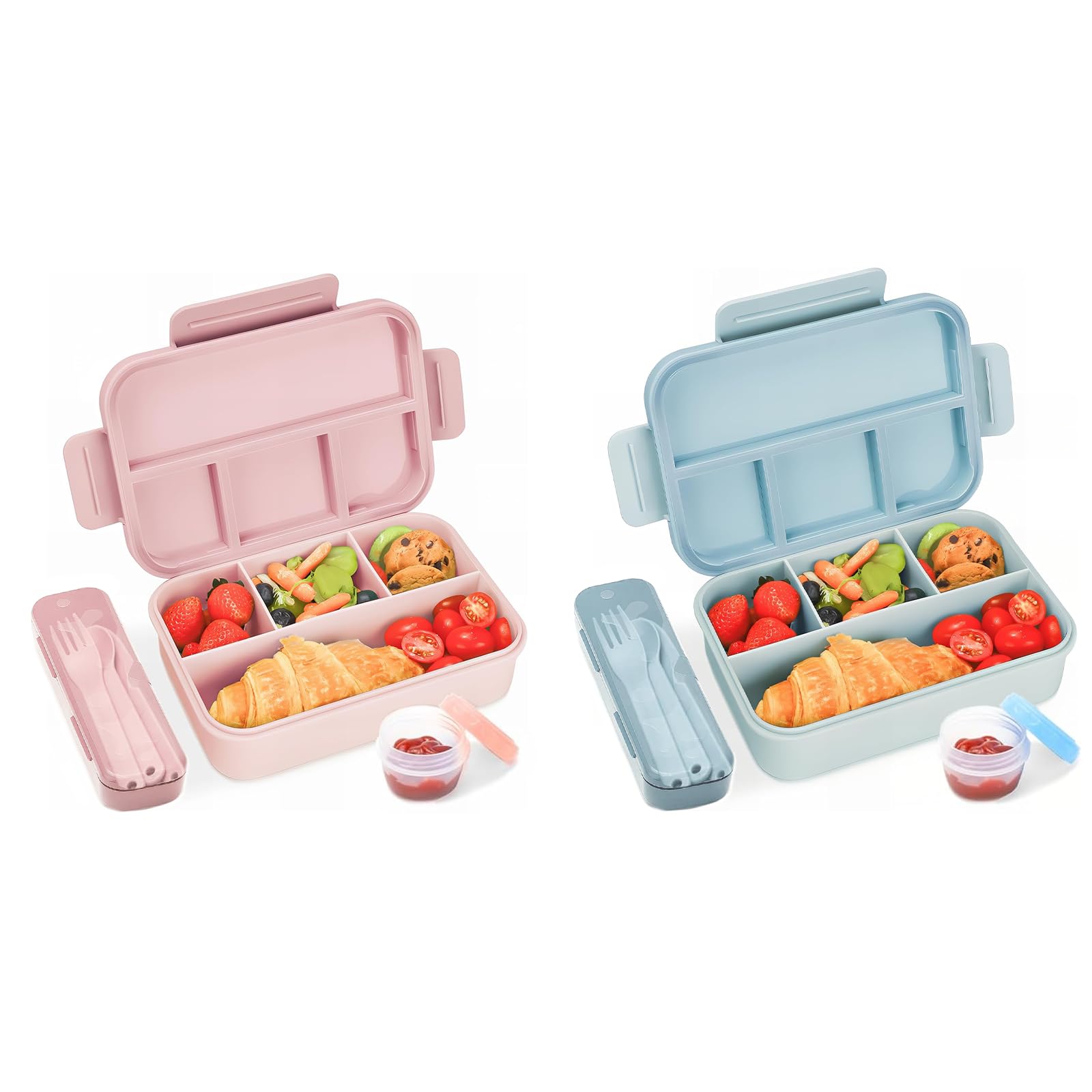 Bugucat 2 Set Leak-Proof Bento Lunch Box, 1300ML, 4 Compartments, Kids & Adults, Pink & Blue