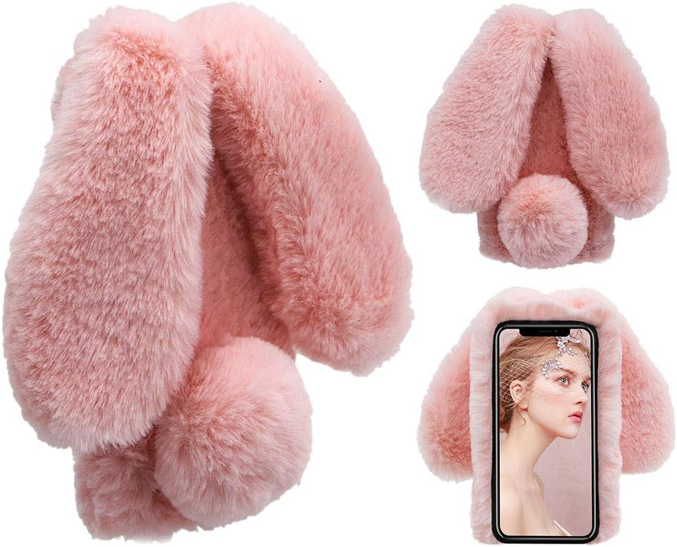 Cute Fluffy Furry Rabbit Shaped Cover for iPhone XR 6.1" MOIKY Bunny Ears Faux Fur Hair Plush Animal Case Soft TPU Inner Shockproof Protector Bling Rhinestone Case for iPhone XR 6.1" - Pink