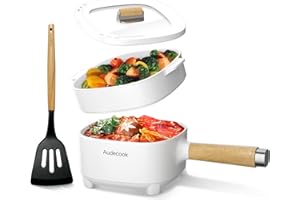 Audecook Hot Pot Electric 2L, Cermic Glaze Non-Stick Frying Pan 8 Inch, Portable Travel Cooker for Ramen/Steak/Fried Rice/Oatmeal/Soup, with Dual Power Control (Silicone Spatula Included)