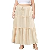 Moon Wood Plus Size Maxi Skirts for Women Trendy Long Flowy Boho Tiered Skirt Renaissance Summer Beach Skirt with Pockets