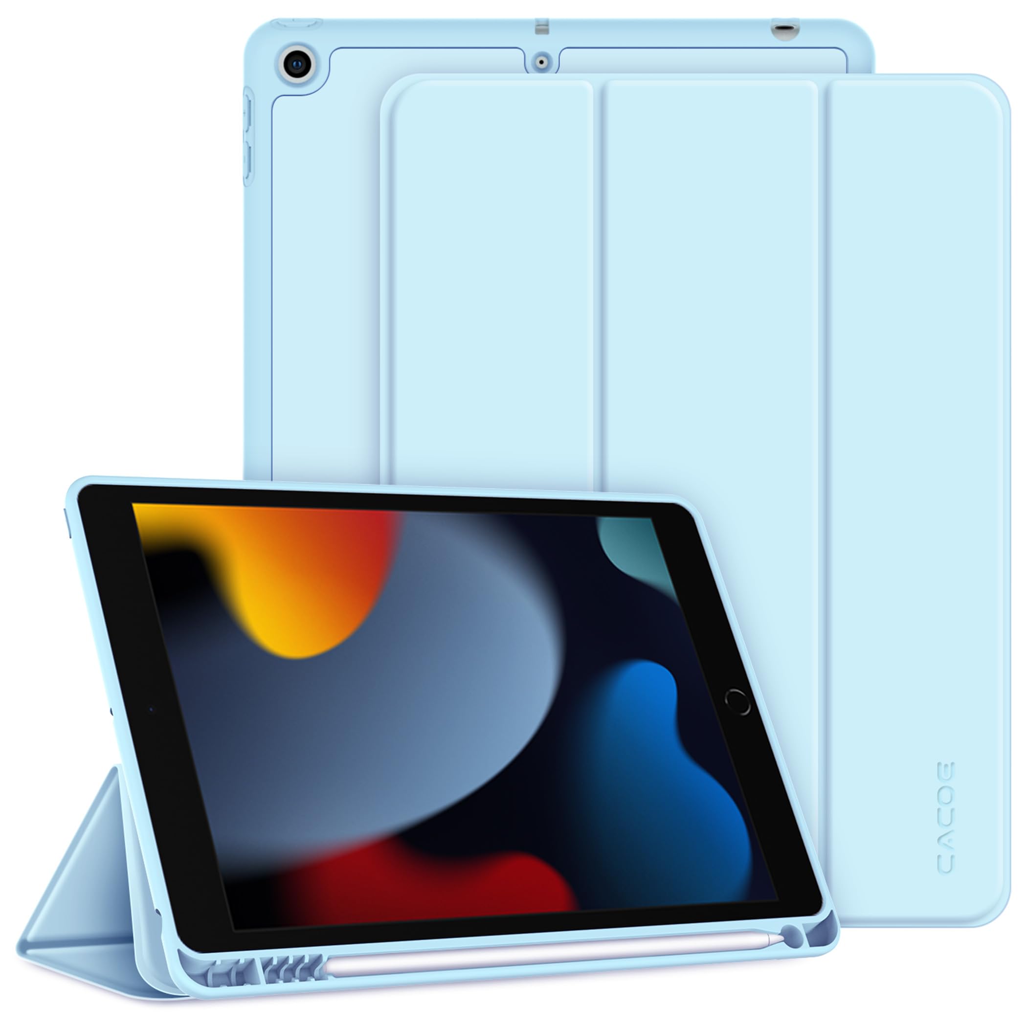 CACOE Case Compatible with iPad 9th /8th /7th Generation 2021 2020 2019, 10.2 Inch Case with Pencil Holder, Soft TPU Back Cover Auto Wake/Sleep, Light Blue