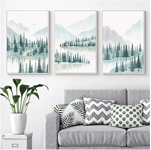 Wqfairy Pintura Sobre Lienzo Minimalista Moderno Bosque Y Rio