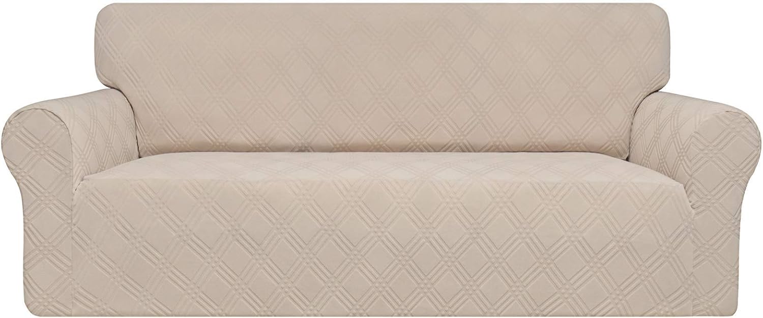 Easy-Going High Stretch Sofa Cover, 1-Piece Couch Cover for 3 Cushion Couch, Stylish Jacquard Sofa Slipcover with Non-Slip Foams, Machine Washable Furniture Protector (Oversized Sofa, Ivory)