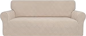 Easy-Going High Stretch Sofa Cover, 1-Piece Couch Cover for 3 Cushion Couch, Stylish Jacquard Sofa Slipcover with Non-Slip Foams, Machine Washable Furniture Protector (Oversized Sofa, Ivory)