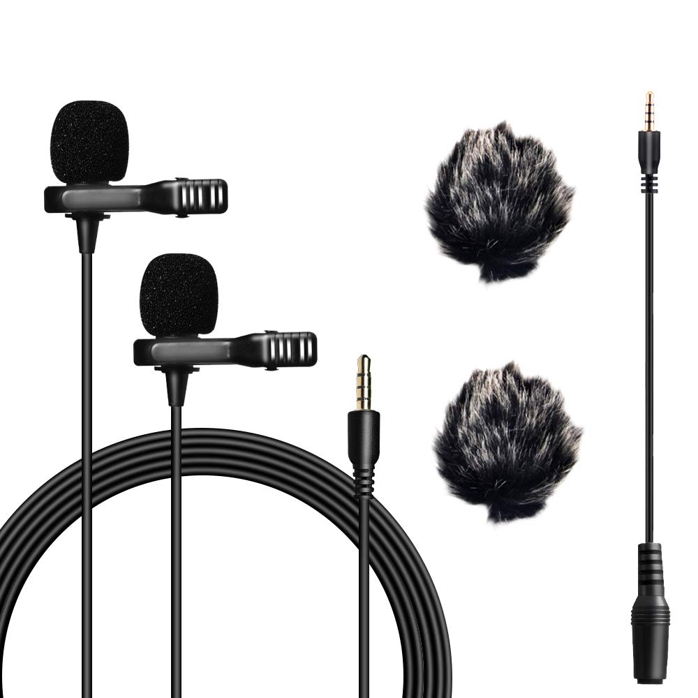 NicamaLVM2 Dual-Head Lavalier Lapel Microphone with 2 Windscreen Muffs for DSLR Camera Canon Nikon Sony Camcorders Tablet Smartphone Audio Recorder ZOOM TASCAM PC