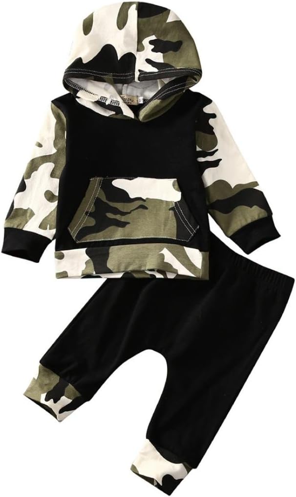 BURFLY Baby Boy Tracksuits Twinset, Camouflage Hooded Pullover Tops with Jogger Pants, Toddler Infant Outfit Clothes Set, for 3-24 Months