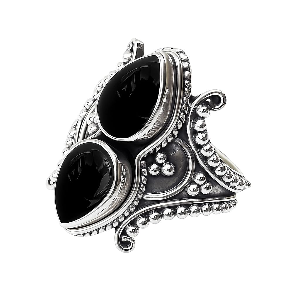 Photo 1 of Handmade Black Onyx Ring,925 Sterling Silver Double Pear Cabochon Bohemian Vintage Statement Ring for Women Birthstone Gift Jewelry (Black Onyx, 6)