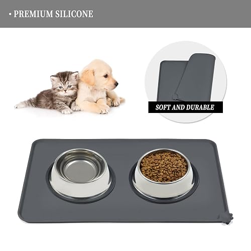 Large Silicone Pet Feeding Mat 21x15 Inches - Non-Slip Waterproof Splash Pad With Raised Edge For Dog & Cat Bowls (Gray)