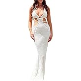 Women Sexy V Neck Bodycon Sweater Dress Knitted Halter Backless Hollow Out Waist Maxi Dress Party Club Long Dresses