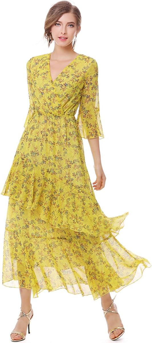 XINUOWomens Dresses Yellow Floral Maxi Dress V Neck High Waist Chiffon Beach Summer Party Casual Long Dresses