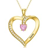 FYBIOD 10K/14K/18K Gold Personalized Mom Necklace with 1-4 Birthstones Custom Name Heart Necklace Engraved Names for Mom Wife
